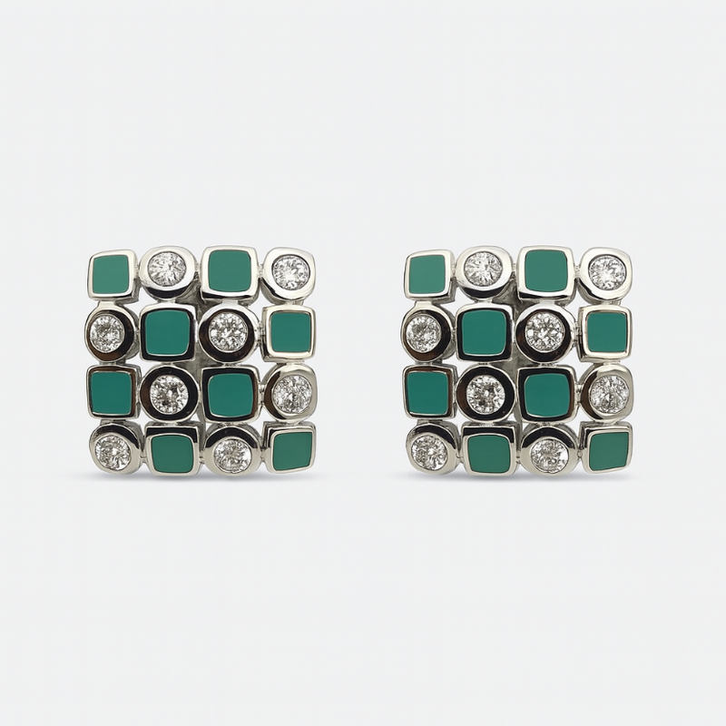 925 Silver Mosaic Stud Earrings with Black Enamel & CZ Accents