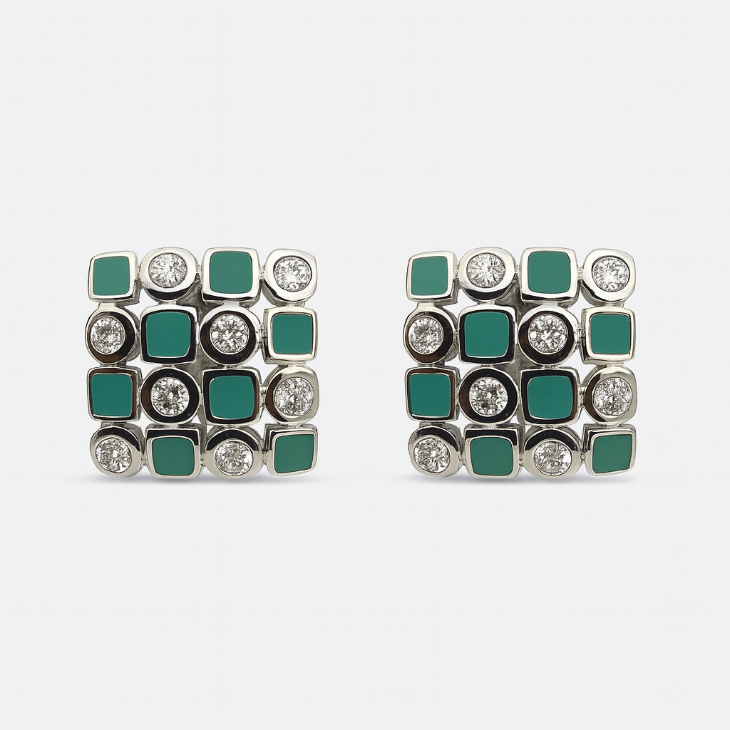 925 Silver Mosaic Stud Earrings with Black Enamel & CZ Accents