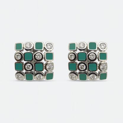 925 Silver Mosaic Stud Earrings with Black Enamel & CZ Accents