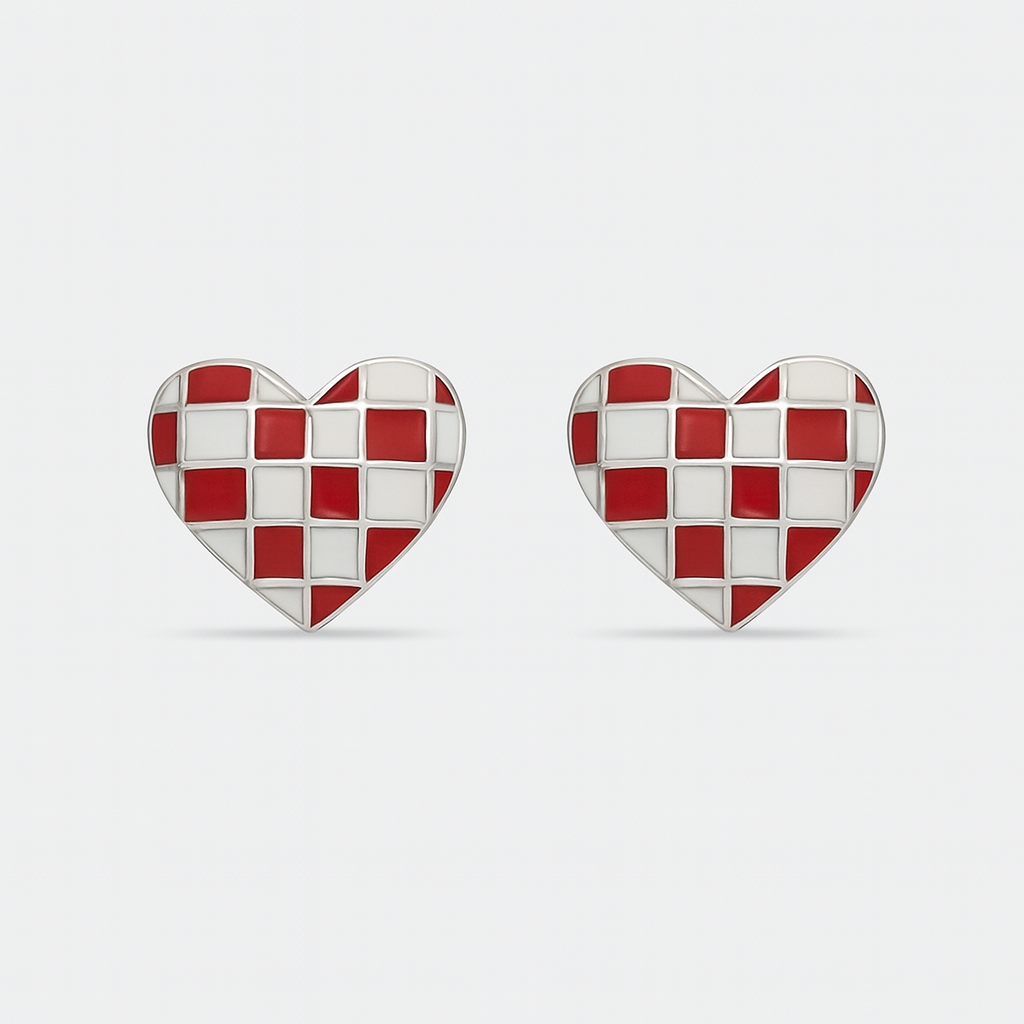 925 Silver Checkerboard Heart Enamel Stud Earrings in Black & White