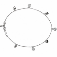 925 Silver Heart & Flower Charm Anklet with CZ Accents – Adjustable Delicate Chain (single)