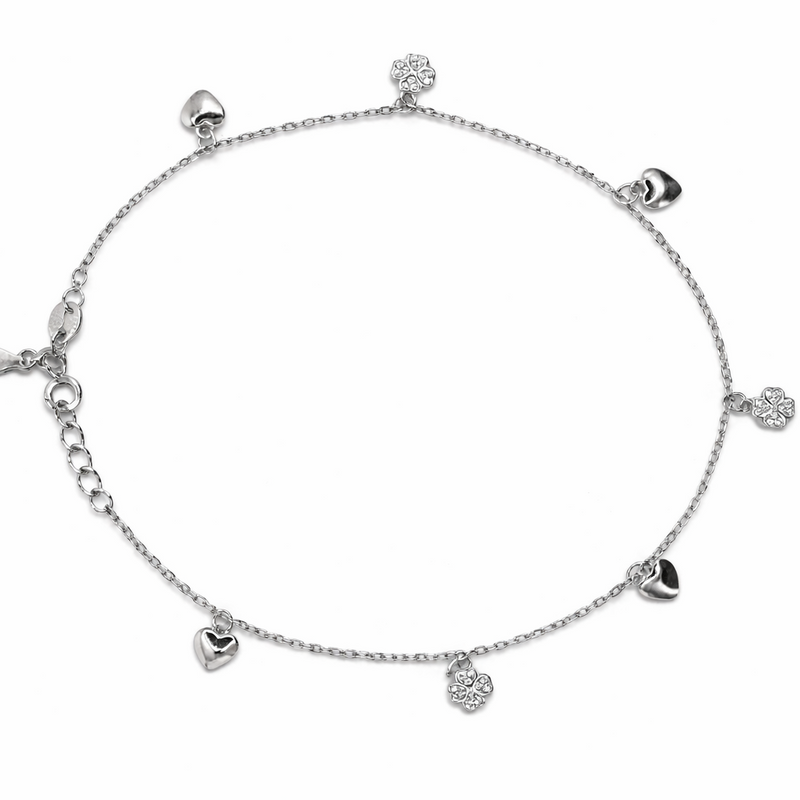 925 Silver Heart & Flower Charm Anklet with CZ Accents – Adjustable Delicate Chain (single)