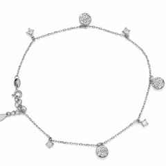 925 Silver Round & Four-Point Floral Charm Anklet with CZ Accents – Adjustable Chain (single)