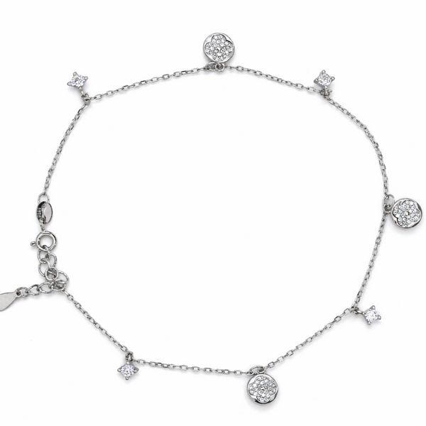 925 Silver Round & Four-Point Floral Charm Anklet with CZ Accents – Adjustable Chain (single)