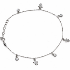 925 Sterling Silver Star & Solitaire Charm Anklet (single) – Adjustable Chain Foot Jewelry for Women