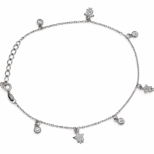 925 Sterling Silver Star & Solitaire Charm Anklet (single) – Adjustable Chain Foot Jewelry for Women