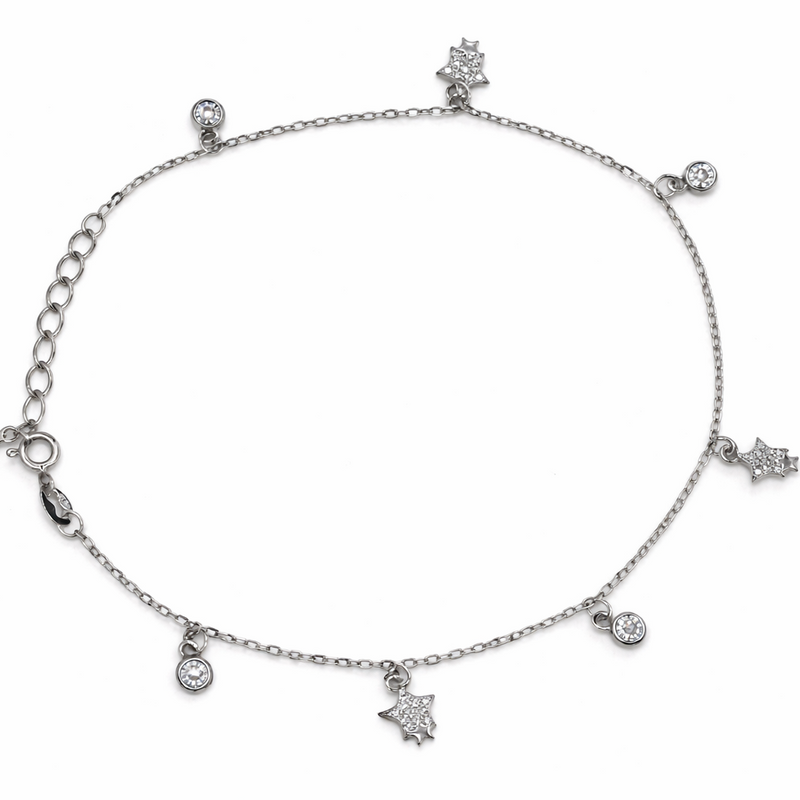 925 Sterling Silver Star & Solitaire Charm Anklet (single) – Adjustable Chain Foot Jewelry for Women