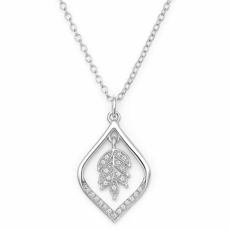 925 Sterling Silver Leaf Pendant Necklace with Sparkling CZ Accents