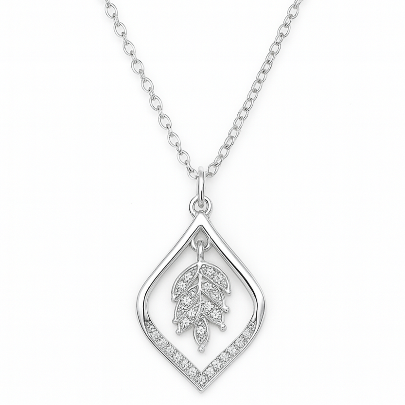 925 Sterling Silver Leaf Pendant Necklace with Sparkling CZ Accents