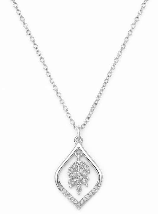 925 Sterling Silver Leaf Pendant Necklace with Sparkling CZ Accents