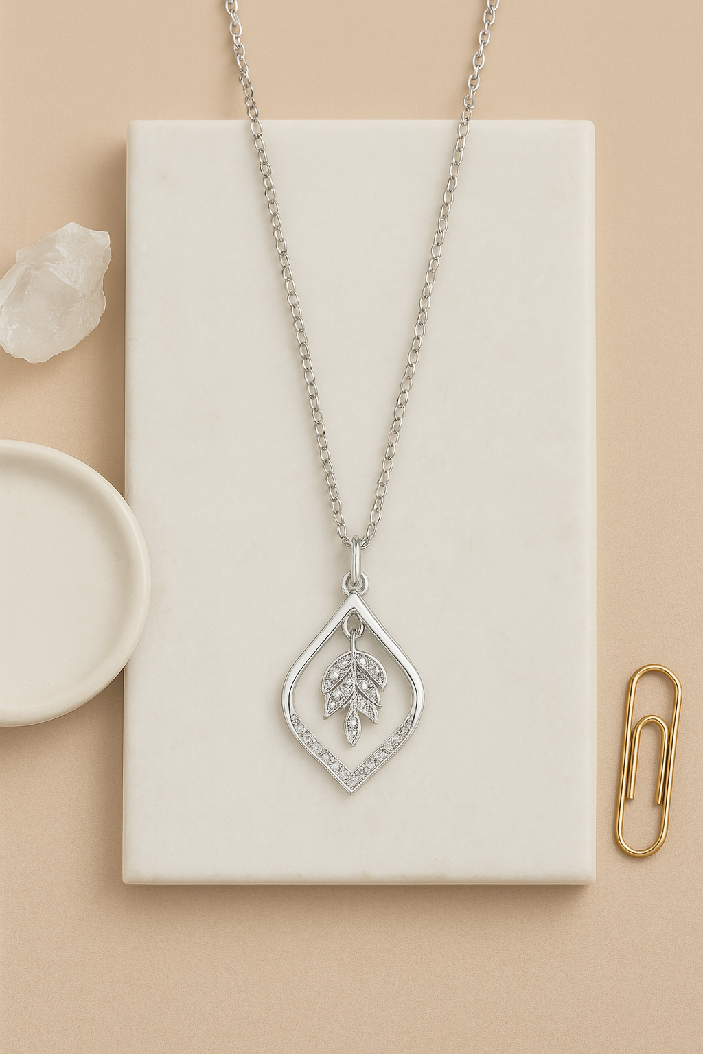 925 Sterling Silver Leaf Pendant Necklace with Sparkling CZ Accents