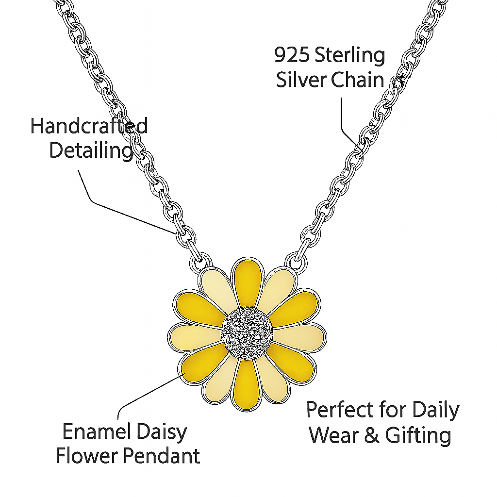 925 Sterling Silver Daisy Flower Pendant Necklace in Yellow & Ivory Enamel
