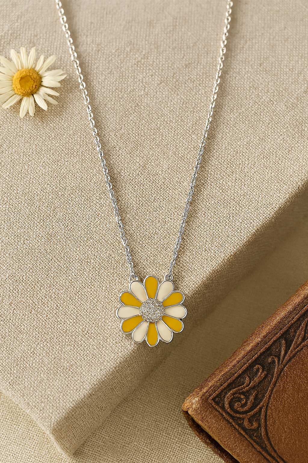 925 Sterling Silver Daisy Flower Pendant Necklace in Yellow & Ivory Enamel