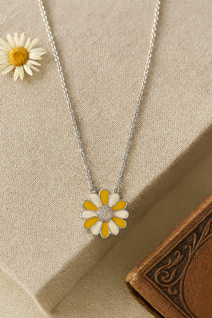 925 Sterling Silver Daisy Flower Pendant Necklace in Yellow & Ivory Enamel