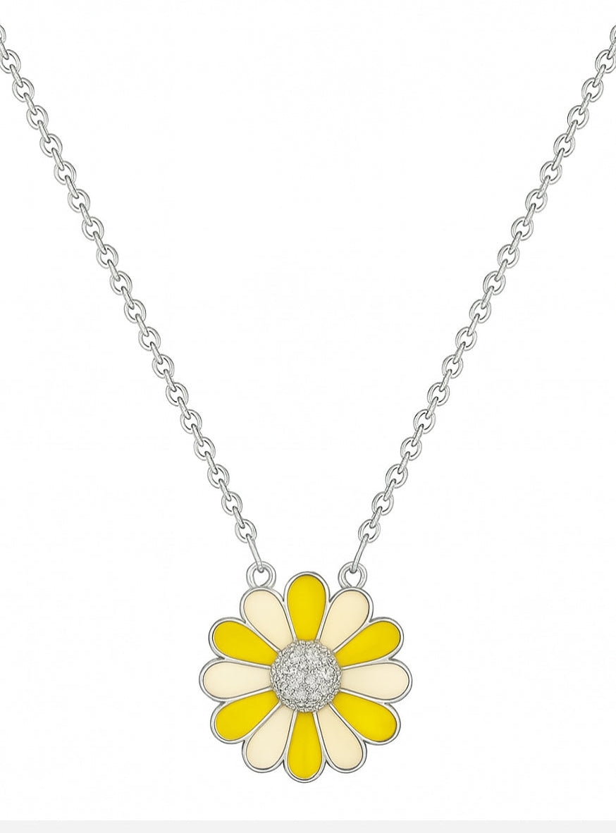 925 Sterling Silver Daisy Flower Pendant Necklace in Yellow & Ivory Enamel