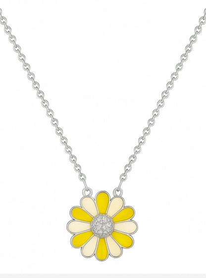 925 Sterling Silver Daisy Flower Pendant Necklace in Yellow & Ivory Enamel