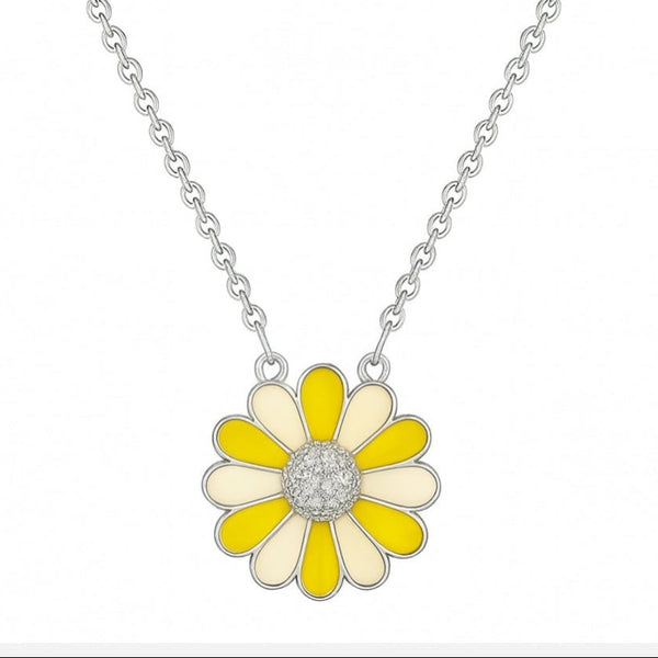 925 Sterling Silver Daisy Flower Pendant Necklace in Yellow & Ivory Enamel