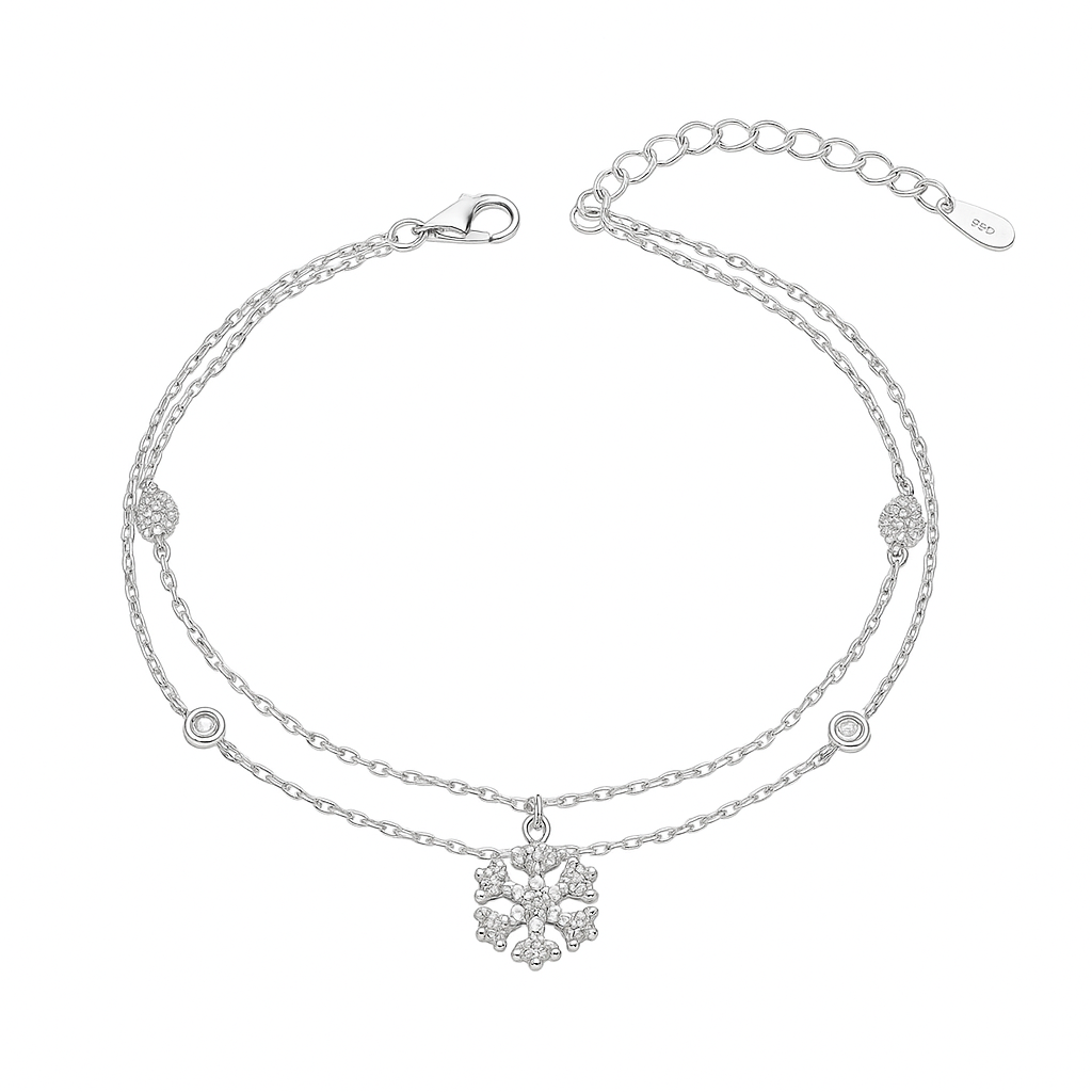 925 Silver Double Chain Bracelet with Snowflake CZ Charm