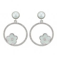 925 Silver Hoop Earrings with Pearl Stud & Enamel Floral Charm