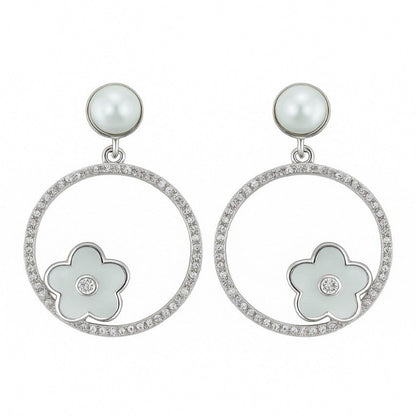 925 Silver Hoop Earrings with Pearl Stud & Enamel Floral Charm