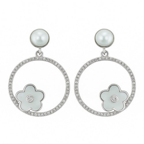925 Silver Hoop Earrings with Pearl Stud & Enamel Floral Charm