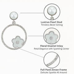 925 Silver Hoop Earrings with Pearl Stud & Enamel Floral Charm
