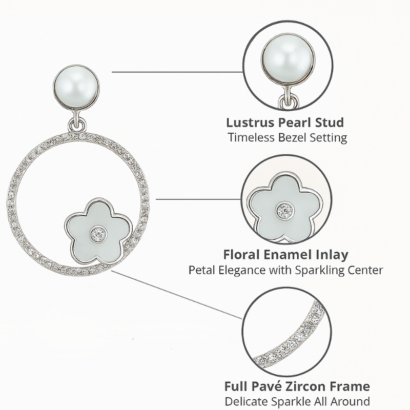 925 Silver Hoop Earrings with Pearl Stud & Enamel Floral Charm