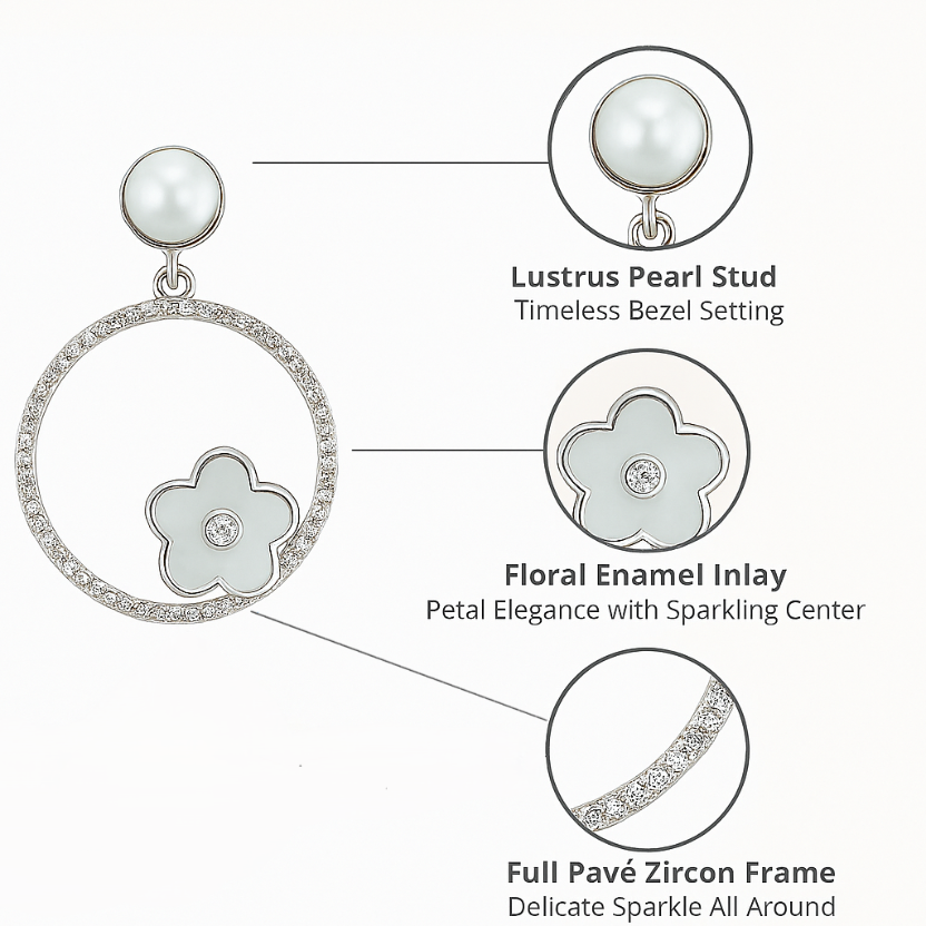 925 Silver Hoop Earrings with Pearl Stud & Enamel Floral Charm