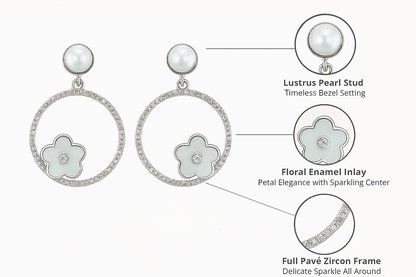 925 Silver Hoop Earrings with Pearl Stud & Enamel Floral Charm