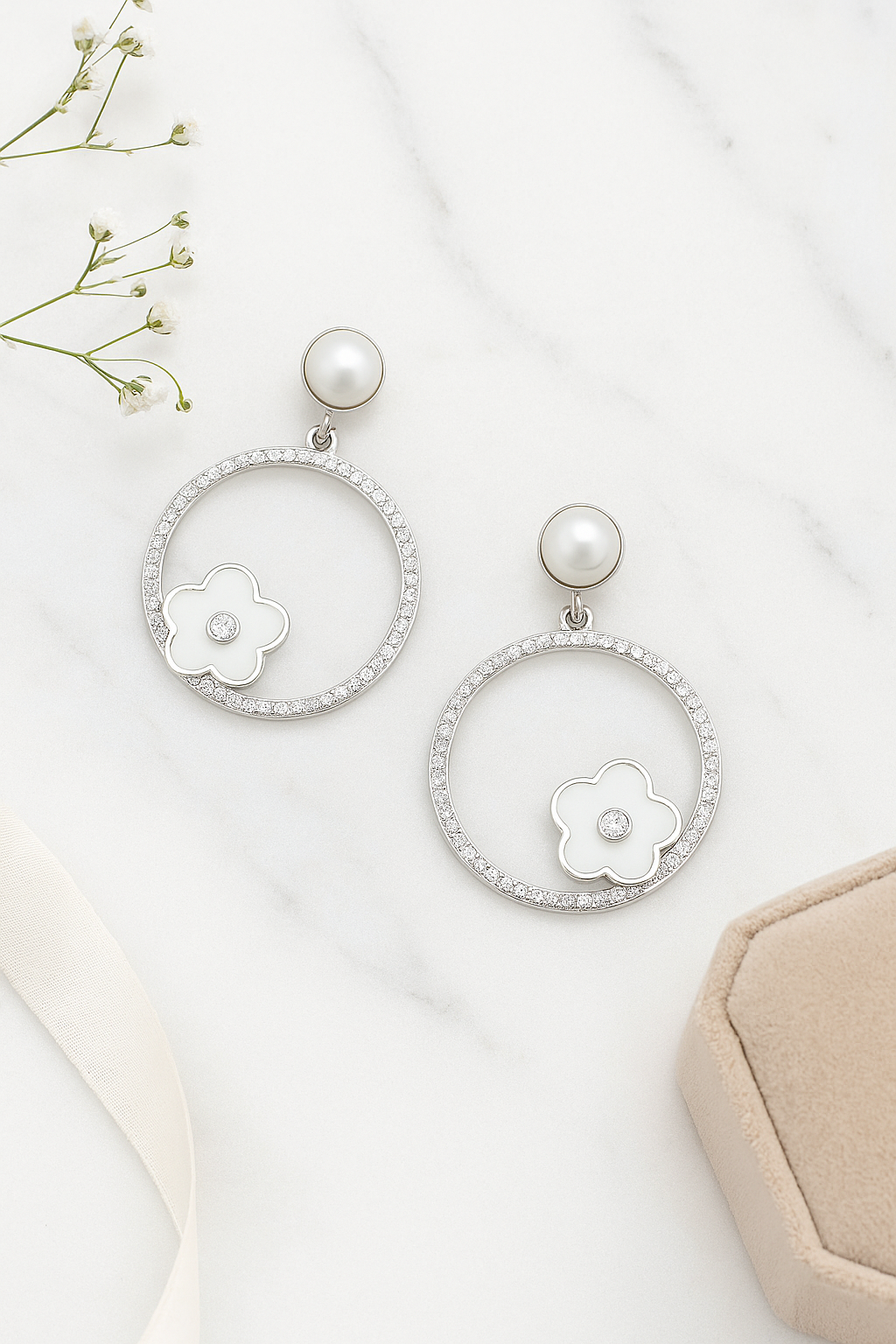 925 Silver Hoop Earrings with Pearl Stud & Enamel Floral Charm