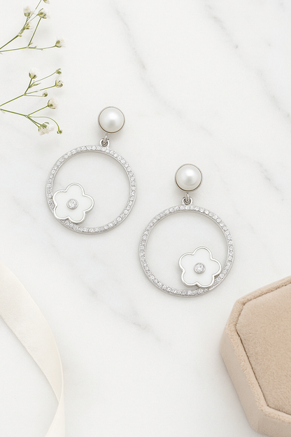 925 Silver Hoop Earrings with Pearl Stud & Enamel Floral Charm
