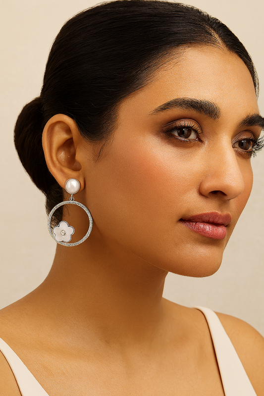 925 Silver Hoop Earrings with Pearl Stud & Enamel Floral Charm