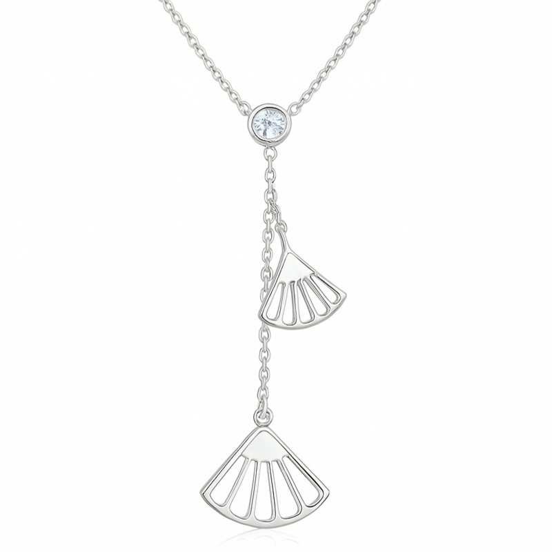 925 Sterling Silver Geometric Fan Pendant Necklace with CZ Drop Chain