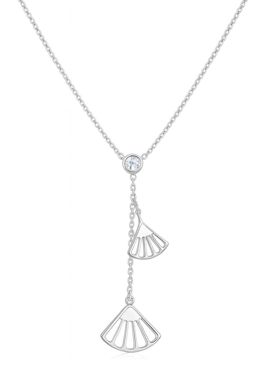 925 Sterling Silver Geometric Fan Pendant Necklace with CZ Drop Chain