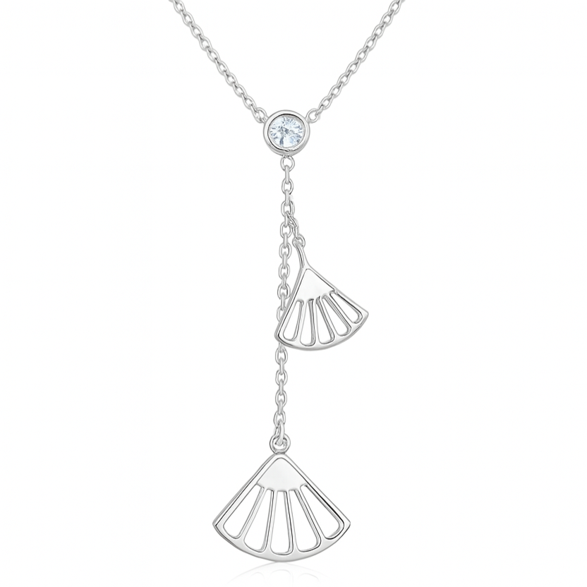 925 Sterling Silver Geometric Fan Pendant Necklace with CZ Drop Chain