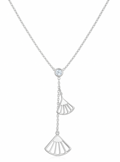 925 Sterling Silver Geometric Fan Pendant Necklace with CZ Drop Chain