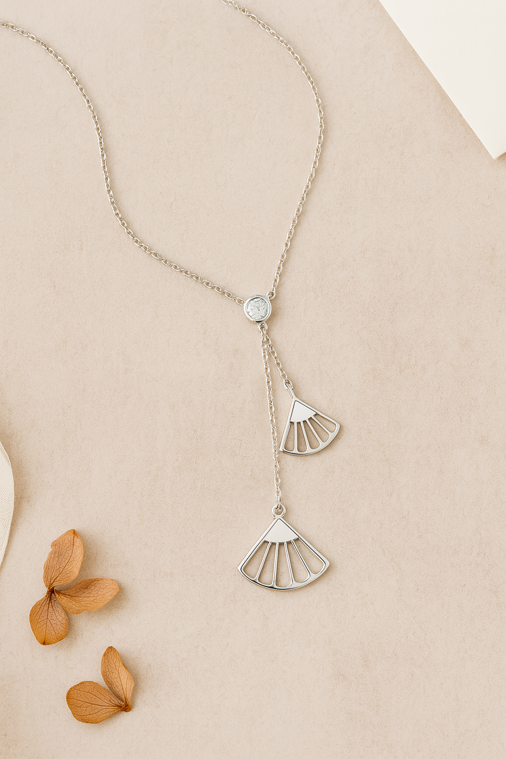 925 Sterling Silver Geometric Fan Pendant Necklace with CZ Drop Chain