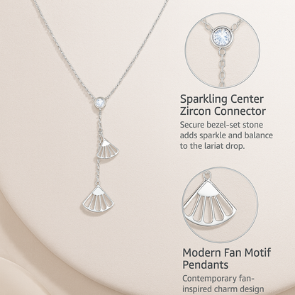 925 Sterling Silver Geometric Fan Pendant Necklace with CZ Drop Chain