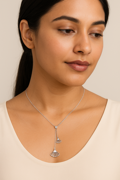 925 Sterling Silver Geometric Fan Pendant Necklace with CZ Drop Chain