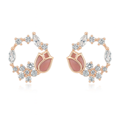 925 Silver Rose Blossom Hoop Earrings with CZ & Enamel Detailing