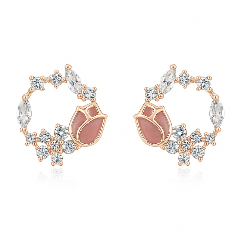 925 Silver Rose Blossom Hoop Earrings with CZ & Enamel Detailing