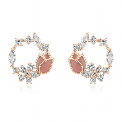 925 Silver Rose Blossom Hoop Earrings with CZ & Enamel Detailing