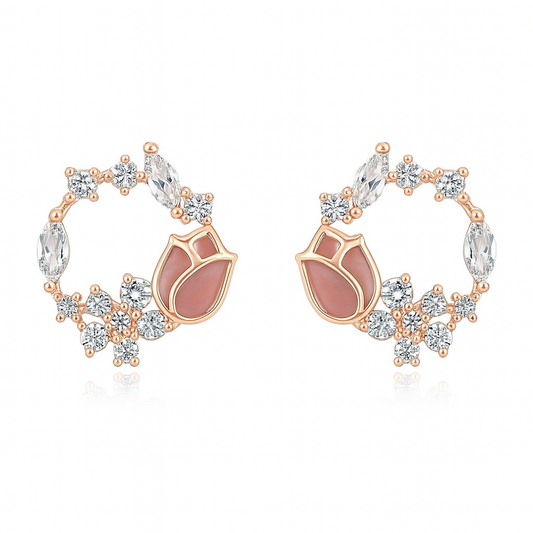 925 Silver Rose Blossom Hoop Earrings with CZ & Enamel Detailing