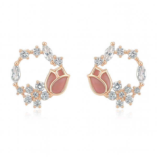 925 Silver Rose Blossom Hoop Earrings with CZ & Enamel Detailing