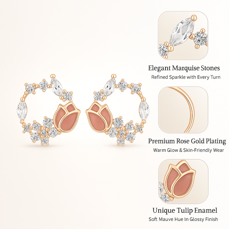 925 Silver Rose Blossom Hoop Earrings with CZ & Enamel Detailing