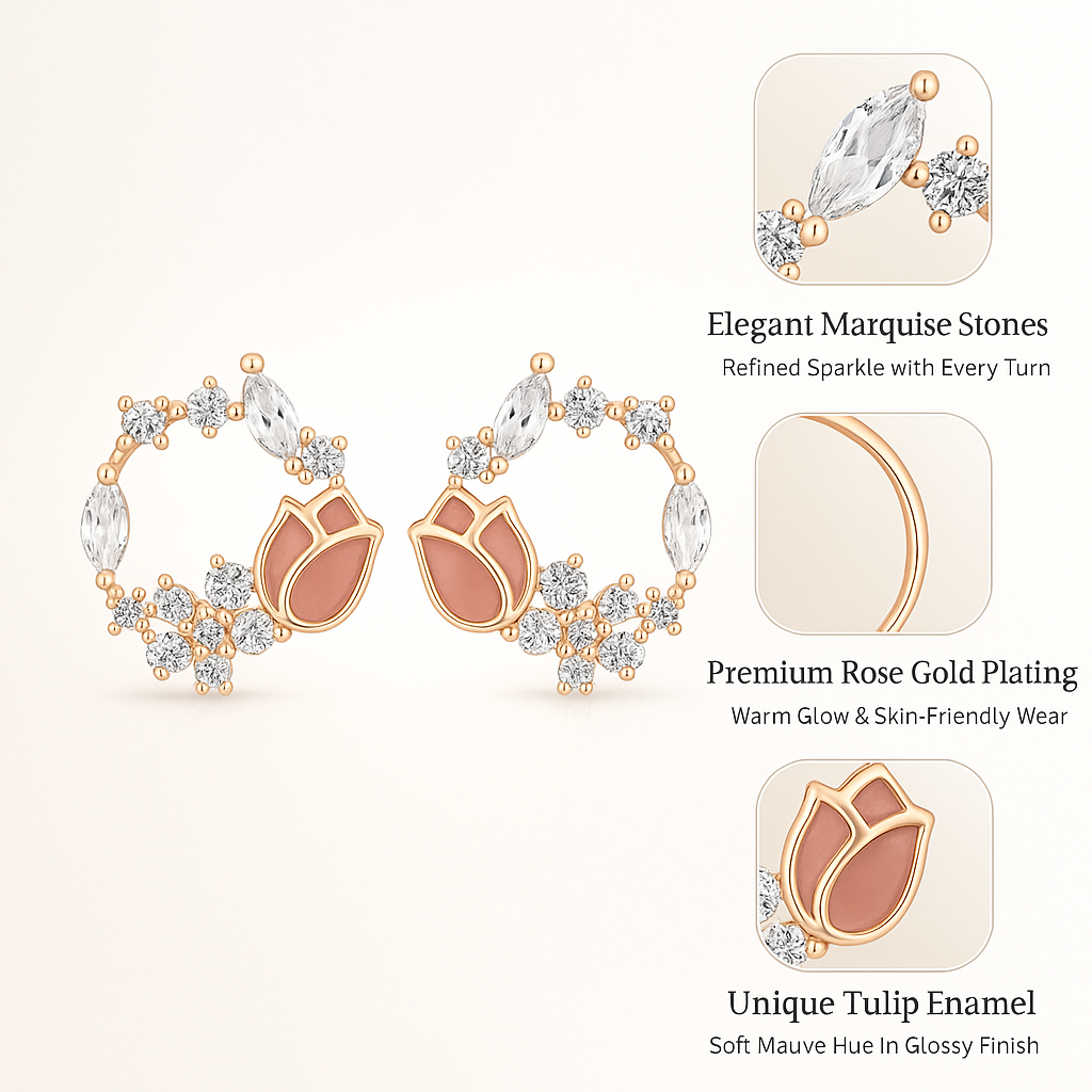 925 Silver Rose Blossom Hoop Earrings with CZ & Enamel Detailing