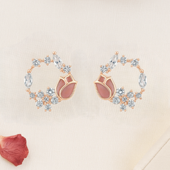 925 Silver Rose Blossom Hoop Earrings with CZ & Enamel Detailing