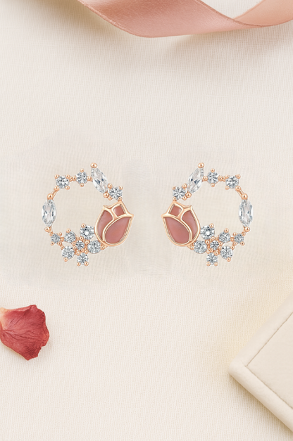 925 Silver Rose Blossom Hoop Earrings with CZ & Enamel Detailing