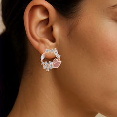 925 Silver Rose Blossom Hoop Earrings with CZ & Enamel Detailing