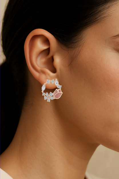 925 Silver Rose Blossom Hoop Earrings with CZ & Enamel Detailing
